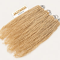JAZZWIGS #613 Blonde Pixie Curly Feather Crochet Human Hair, four hair groups displayed side by side