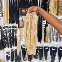 JAZZWIGS #613 Blonde Pixie Curly Feather Crochet Human Hair, additional full-length showroom view
