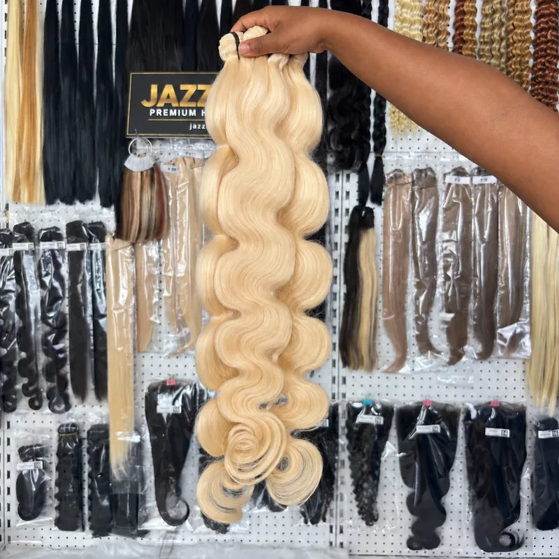 Full-length showroom view of #613 blonde raw Body Wave hair