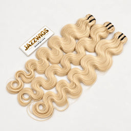 Three #613 blonde raw Body Wave hair bundles displayed together