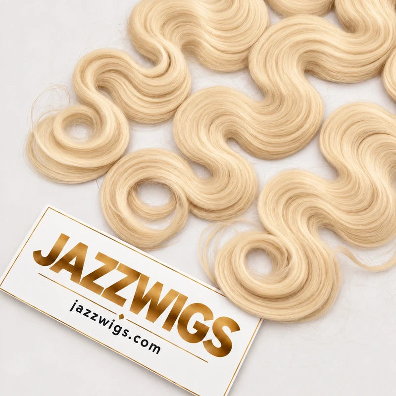 Close-up of #613 blonde raw Body Wave hair showing smooth waves and ends