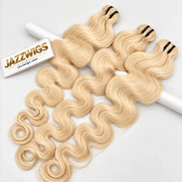Three-bundle #613 blonde raw Body Wave hair set, full-length view