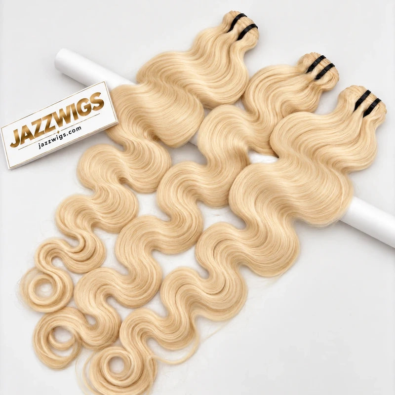 Three-bundle #613 blonde raw Body Wave hair set, full-length view