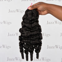 JAZZWIGS #1B Natural Black Burmese Water Curly Feather Crochet Human Hair — Hand-held full view