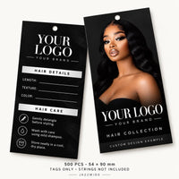 Custom hair tag design example with your logo, 500 tags measuring 54 × 90 mm; strings not included.