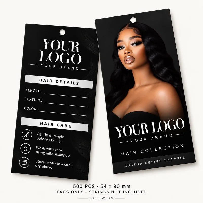 Custom hair tag design example with your logo, 500 tags measuring 54 × 90 mm; strings not included.
