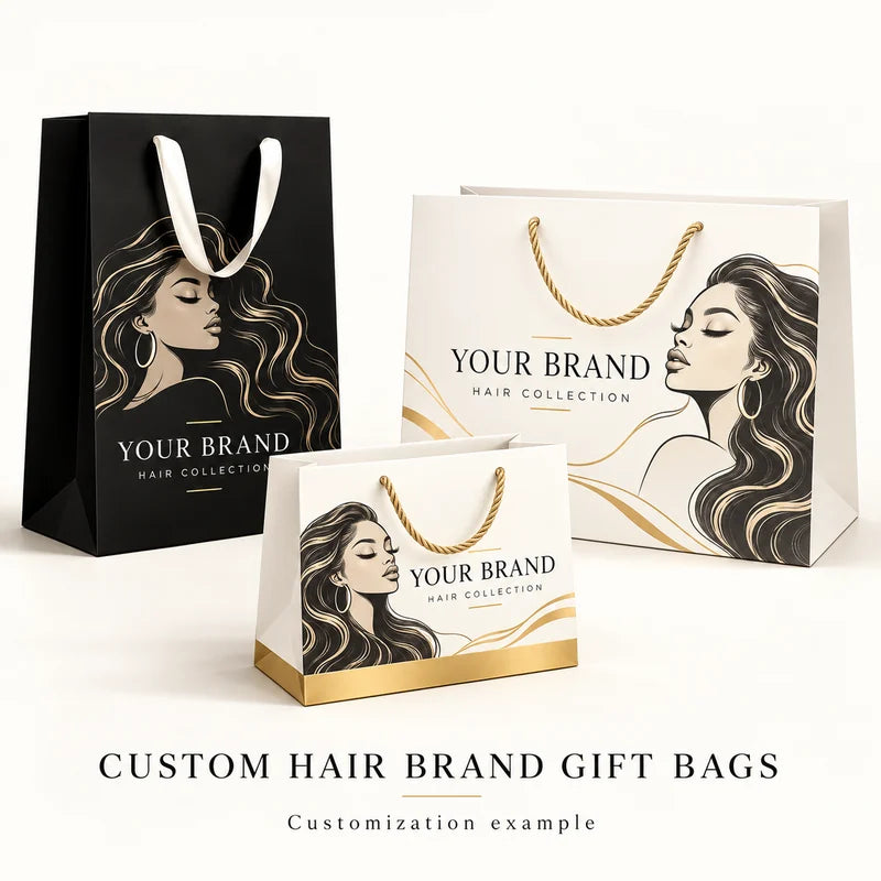 Custom paper gift bags with hair brand illustration in three sizes — customization example