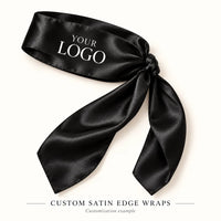 One custom satin edge wrap with printed logo for a wig business — customization example