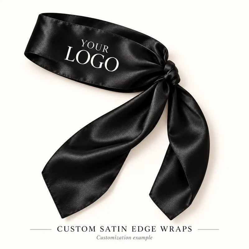 One custom satin edge wrap with printed logo for a wig business — customization example