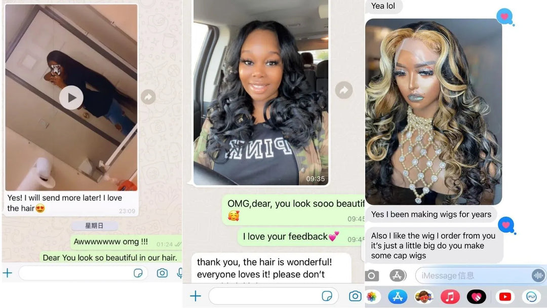 JazzWigs customer reviews featuring real customer photos and feedback messages about hair quality and fit.