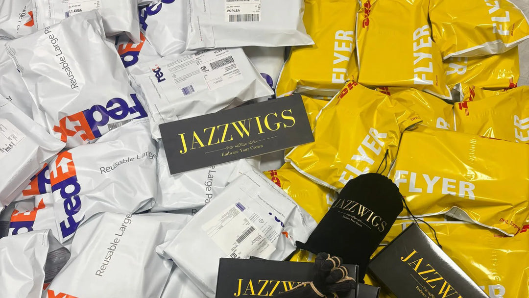 JazzWigs dropshipping service showing branded packaging and worldwide shipping parcels ready to dispatch.