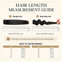 Human hair bundle length measurement guide for straight and body wave hair, showing how to measure from weft to ends with inch to cm reference.