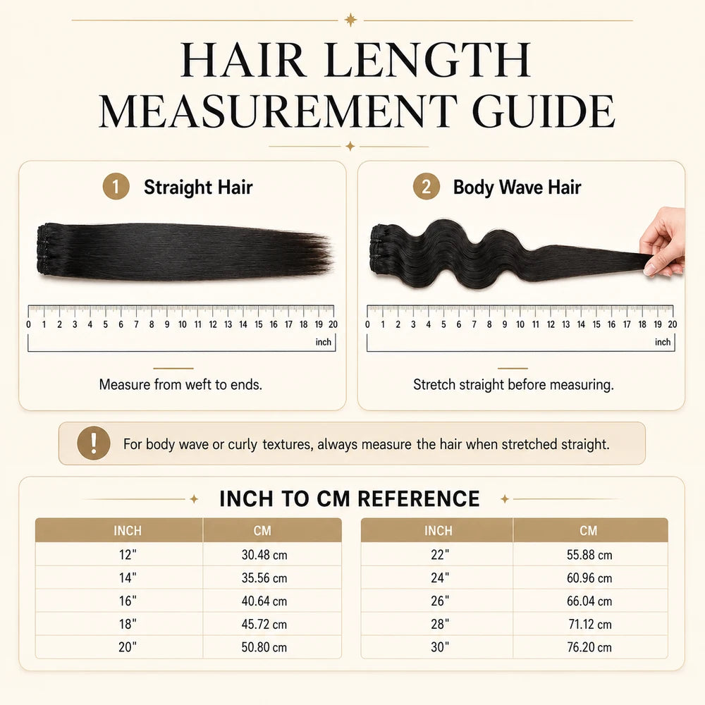 Human hair bundle length measurement guide for straight and body wave hair, showing how to measure from weft to ends with inch to cm reference.