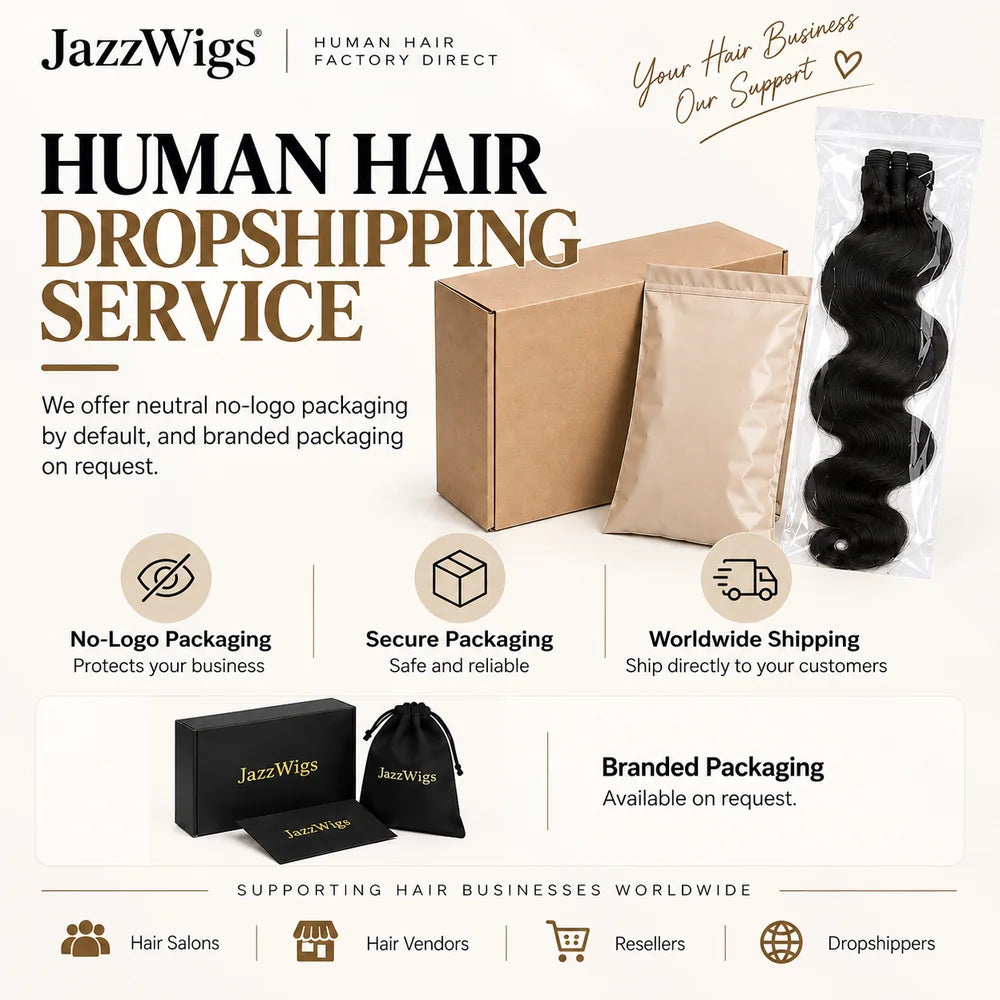 JazzWigs human hair dropshipping service with neutral no-logo packaging, secure packaging, direct worldwide shipping to customers, and optional branded packaging for hair salons, vendors, resellers and dropshippers.