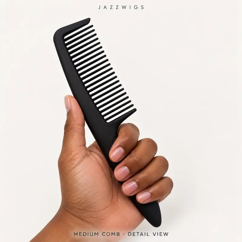 Handheld detail of the medium black comb; one comb is included in the qualifying free gift