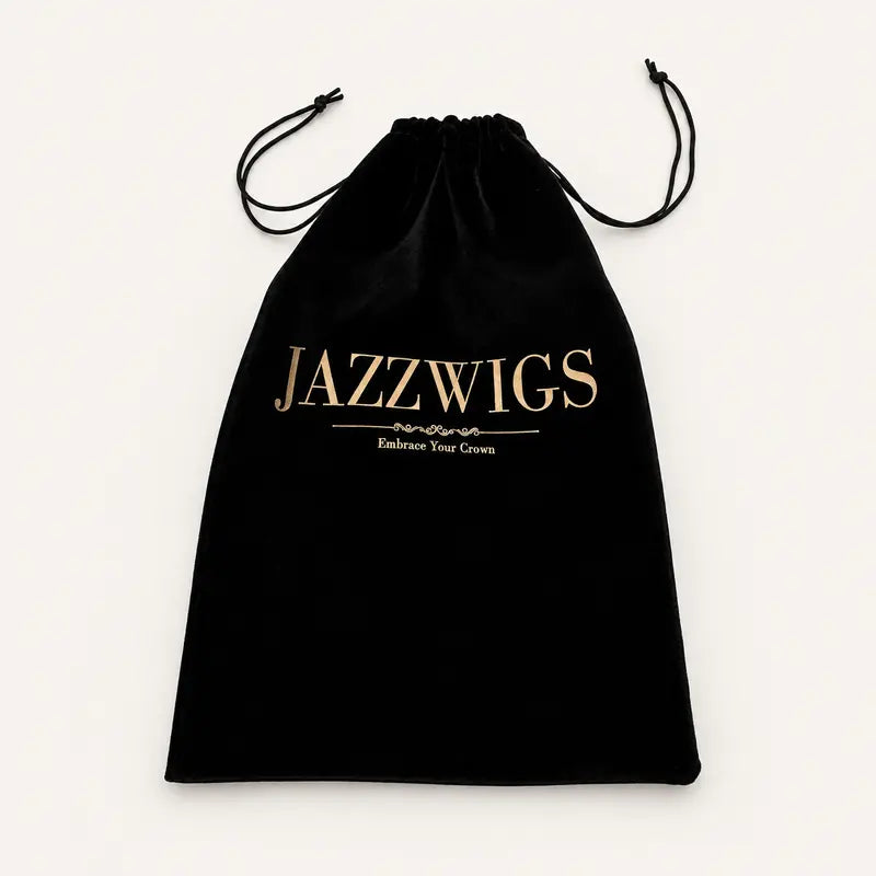 Black JAZZWIGS plush packaging bag with drawstrings closed