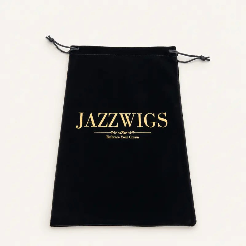 Black JAZZWIGS plush drawstring packaging bag with gold logo, 20 x 30 cm, front view