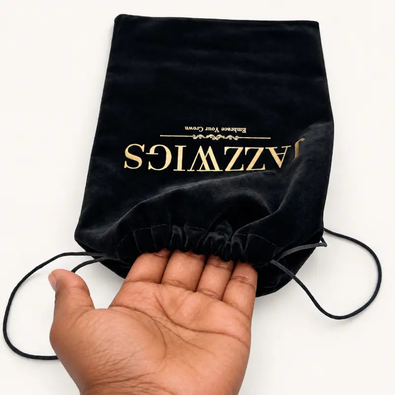 JAZZWIGS black plush bag held open to show the interior