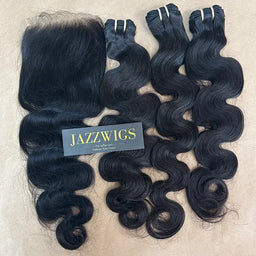 Raw body wave 3 bundles with 6x6 HD lace closure for Black women.