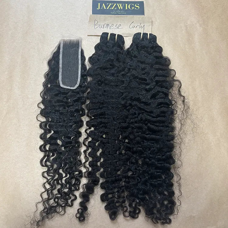 Defined Burmese curly texture with 2x6 HD lace closure and natural hairline.