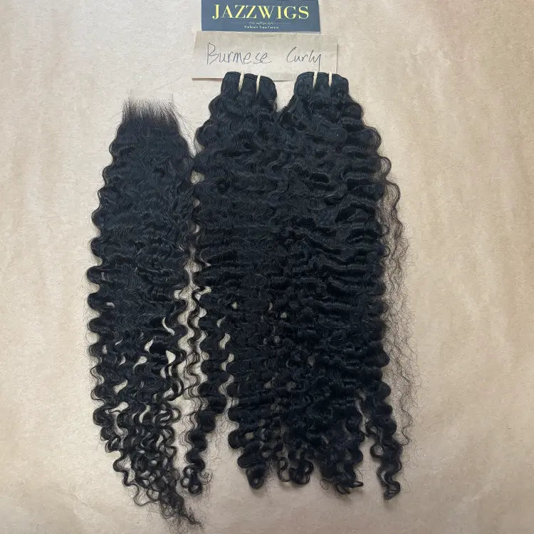 Raw Burmese curly 2 bundles with 2x6 HD lace closure for Black women.