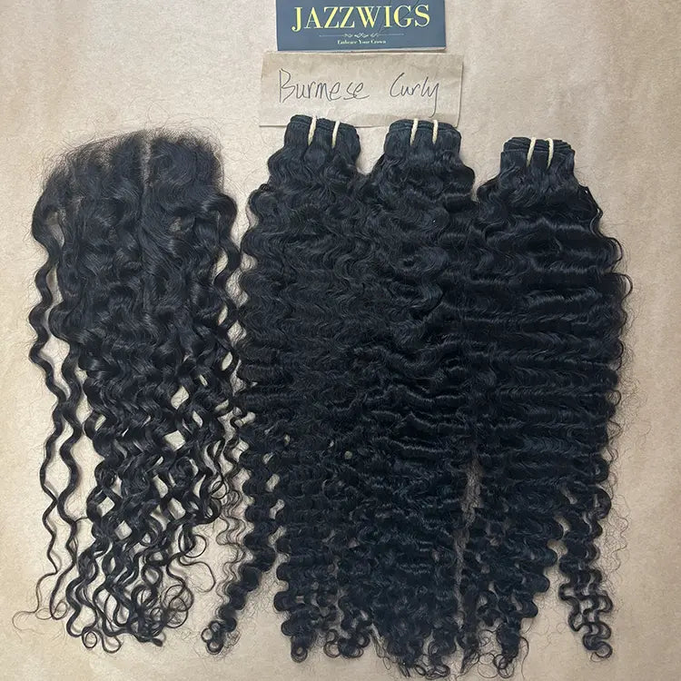 Raw Burmese curly 3 bundles with 7x7 HD lace closure for Black women.