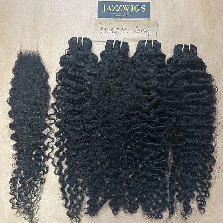 Raw Burmese curly 4 bundles with 2x6 HD lace closure for Black women.