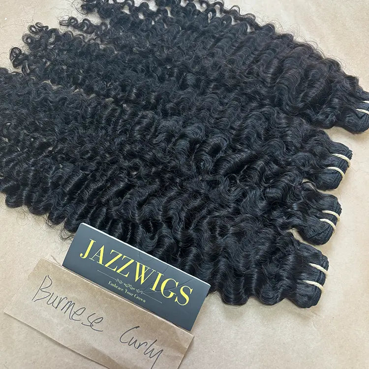 Long-lasting raw Vietnamese Burmese curly Black hair bundles with natural volume.
