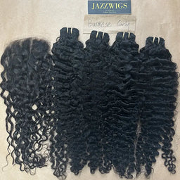 Raw Burmese curly 4 bundles with 7x7 HD lace closure for Black women.