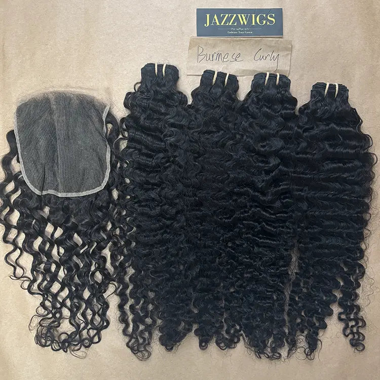 Defined Burmese curly texture paired with a 7x7 HD lace closure and natural hairline.