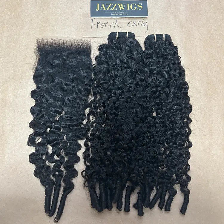 Raw French curly 2 bundles with 5x5 HD lace closure for Black women.