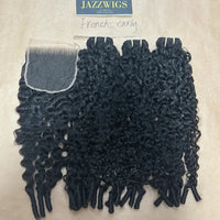 Raw French curly 3 bundles with 5x5 HD lace closure for Black women.