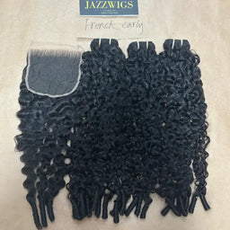 Raw French curly 3 bundles with 5x5 HD lace closure for Black women.