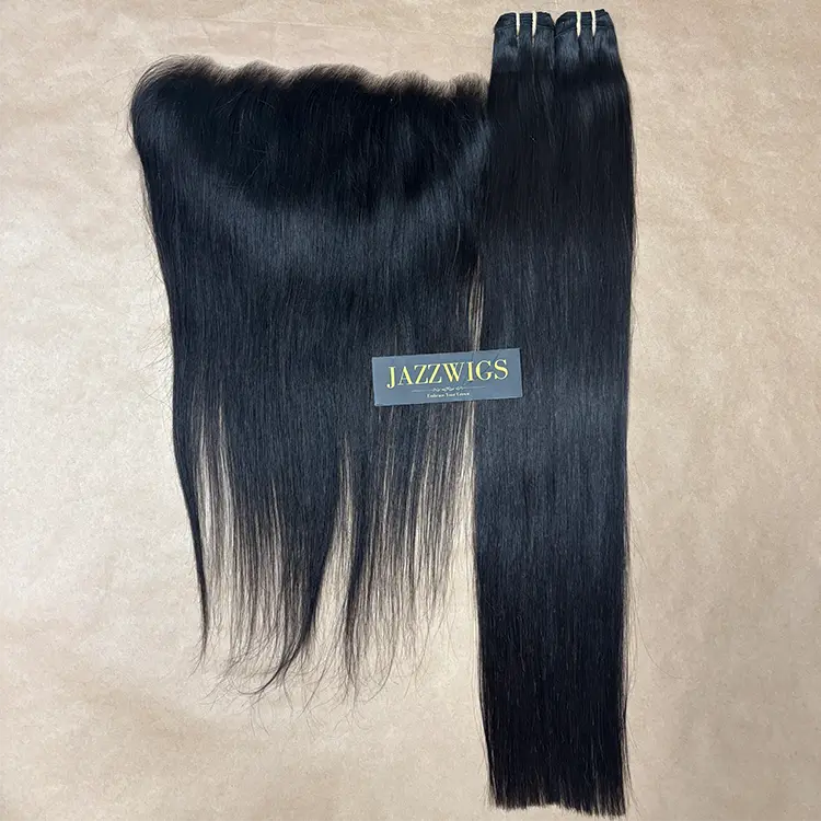 Raw straight 2 bundles with 13x6 HD lace frontal for Black women.