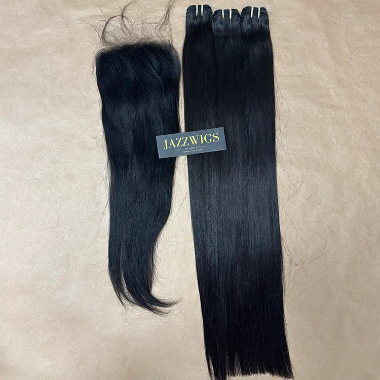 Raw straight 3 bundles with 6x6 HD lace closure for Black women.