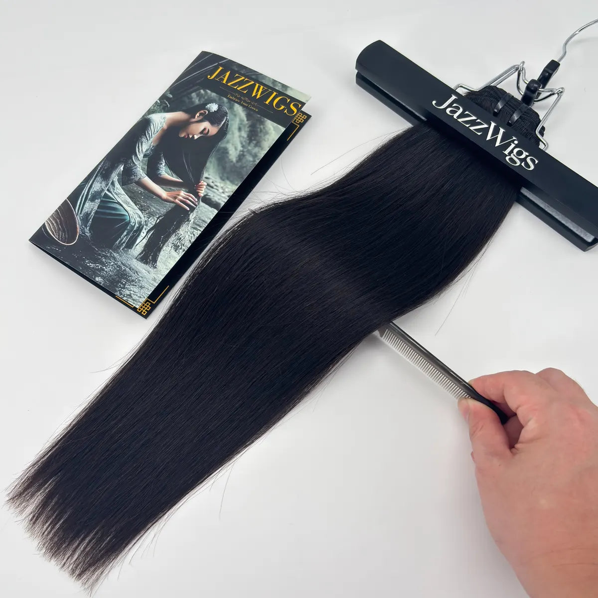 JAZZWIGS Raw Vietnamese Straight Hair 1 Bundle shown with comb and branded packaging, natural black human hair with smooth straight