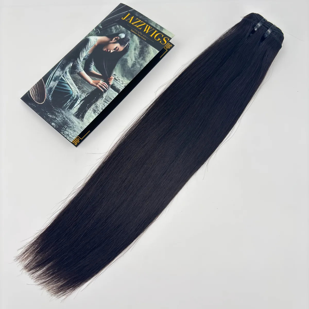 JAZZWIGS Raw Vietnamese Straight Hair 1 Bundle full-length product view with branded packaging, natural black straight human hair.