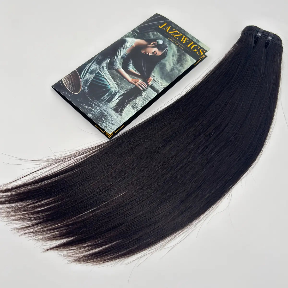 JAZZWIGS Raw Vietnamese Straight Hair 1 Bundle product display with branded packaging, smooth natural black human hair.
