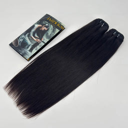 JAZZWIGS Raw Vietnamese Straight Hair 2 Bundle product display with branded brochure, natural black straight human hair bundles with smooth texture and full ends.
