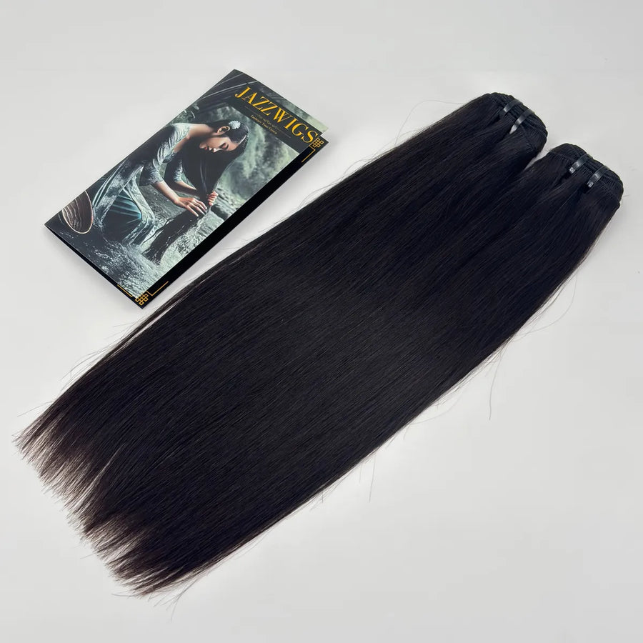 JAZZWIGS Raw Vietnamese Straight Hair 2 Bundle product display with branded brochure, natural black straight human hair bundles with smooth texture and full ends.