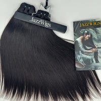 Raw Vietnamese Straight Hair 2 Bundle close product display with JAZZWIGS brochure, natural black straight human hair showing smooth texture and full ends.
