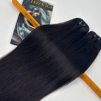 Raw Vietnamese Straight Hair 2 Bundle length and texture detail shown with ruler and JAZZWIGS brochure, natural black straight human hair bundles.