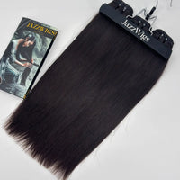 JazzWigs Raw Vietnamese Straight Hair 3 Bundle Deal in natural black, full-length product view on hanger.