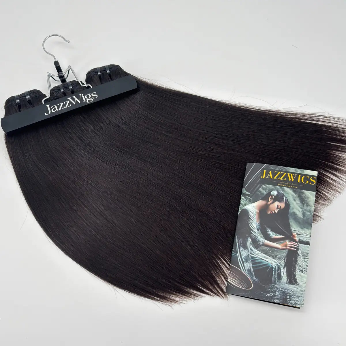 JazzWigs Raw Vietnamese Straight Hair 3 Bundle Deal in natural black, smooth straight texture spread on white background.