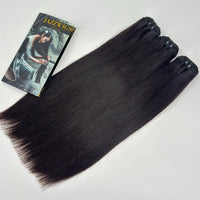 Three JazzWigs Raw Vietnamese Straight Hair bundles in natural black with smooth straight texture and branded card.
