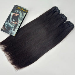 Three JazzWigs Raw Vietnamese Straight Hair bundles in natural black with smooth straight texture and branded card.