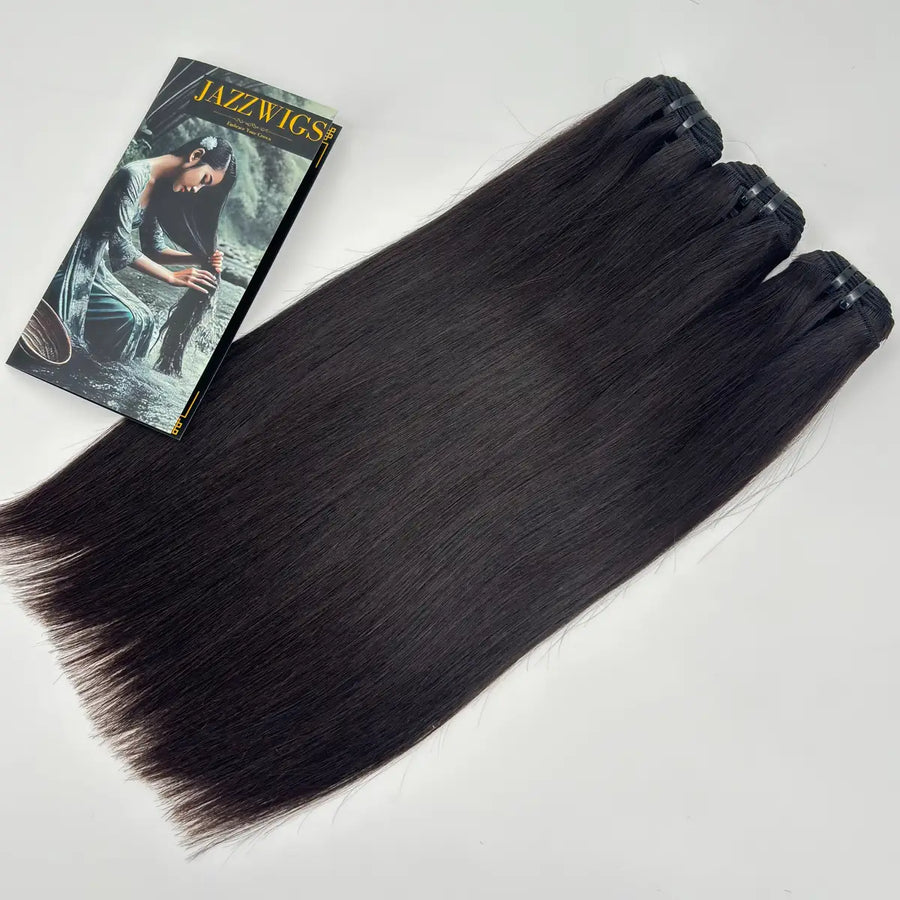 Three JazzWigs Raw Vietnamese Straight Hair bundles in natural black with smooth straight texture and branded card.