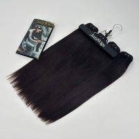 JazzWigs Raw Vietnamese Straight Hair 4 Bundle Deal on hanger in natural black, smooth straight texture, white background.