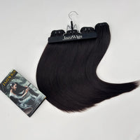 JazzWigs Raw Vietnamese Straight Hair 4 Bundles in natural black arranged in a curved display with branded card on white background.