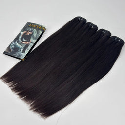 JazzWigs Raw Vietnamese Straight Hair 4 Bundles in natural black, full product view with branded card on white background.